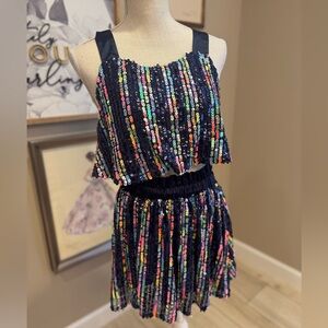 New! QUEEN OF SPARKLES Navy and Rainbow Sequin Two-Piece Set